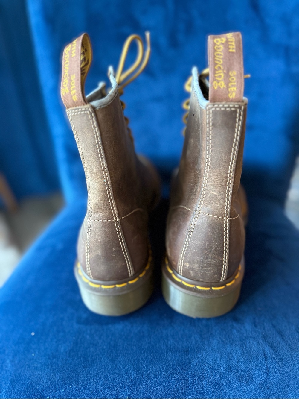 Dr. Martens Brown Leather Lace-Up Work Boots with Yellow Stitching - Picture 3 of 6